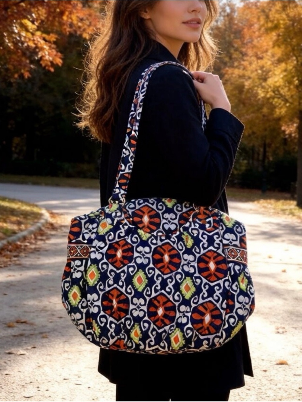 Vera Bradley Navy Shoulder Bag with Orange & Lime Geometric Print, Fall Colors